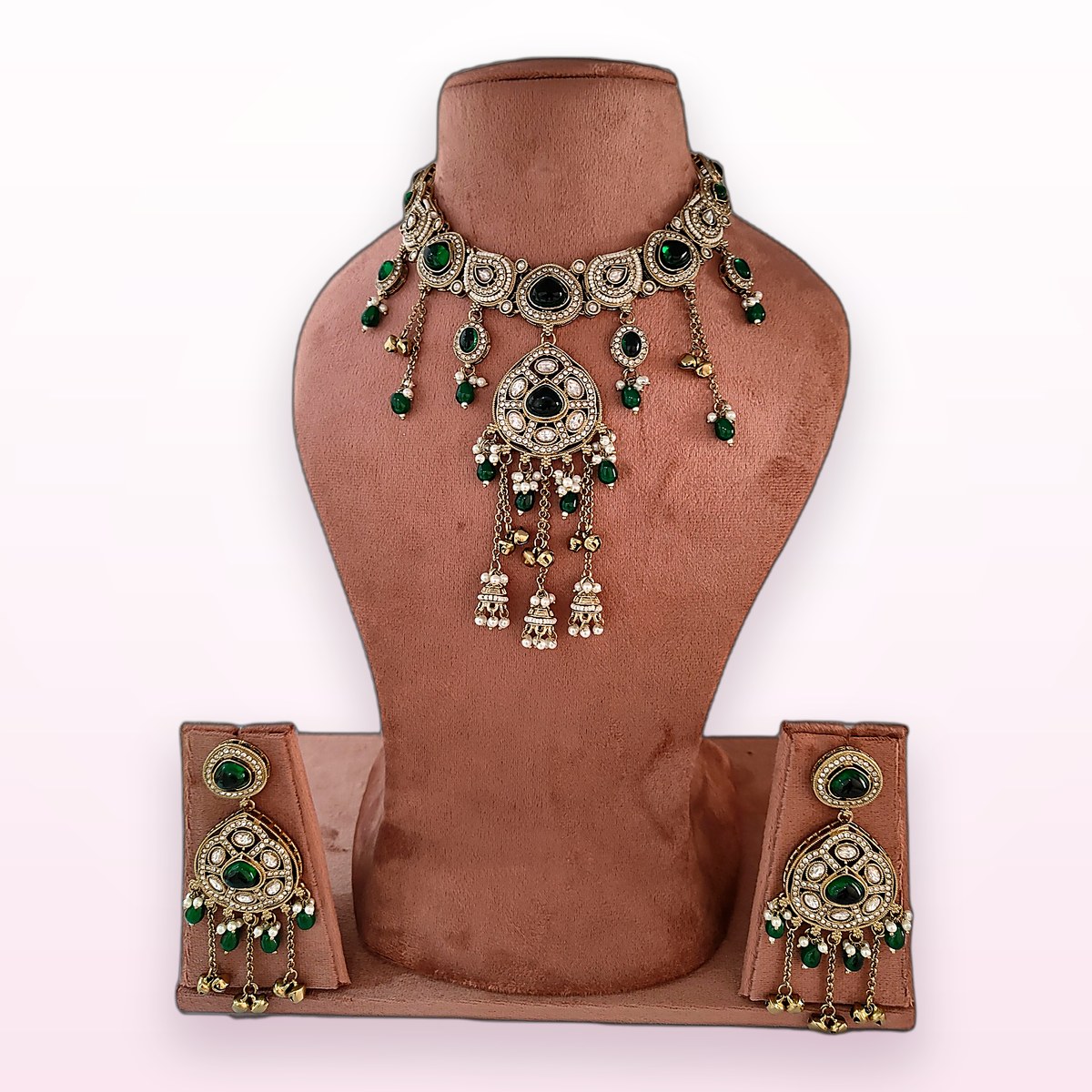 Emerald Jhumka Choker on a display bust at KAMYA Makeup Studio & Academy