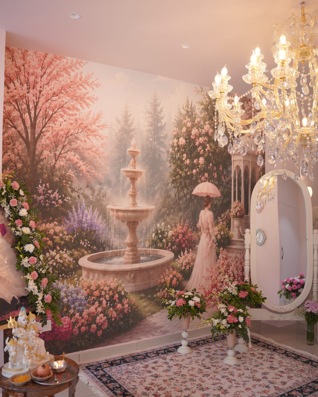 Floral photo corner with a chandelier and painted garden backdrop